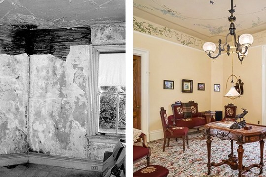 a living room filled with furniture and a large window