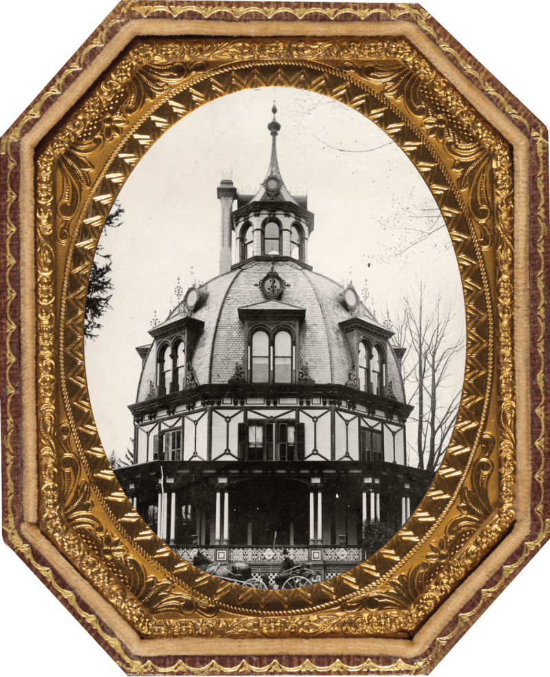 Ornate octagonal building in a vintage frame, featuring a central tower.