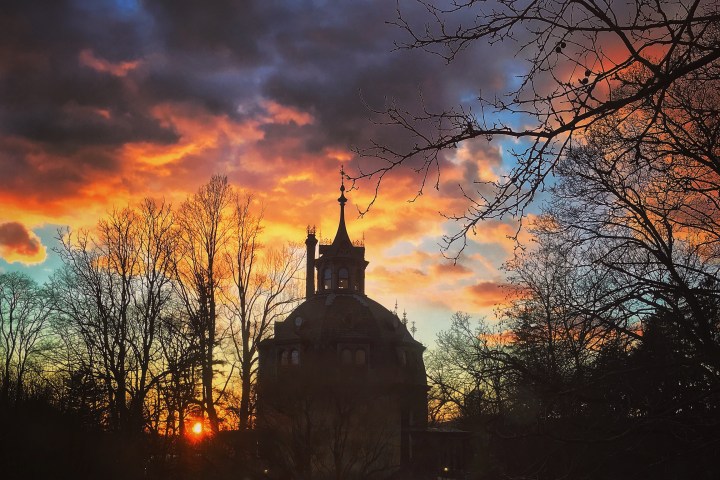 a view of The Octagon House at sunset