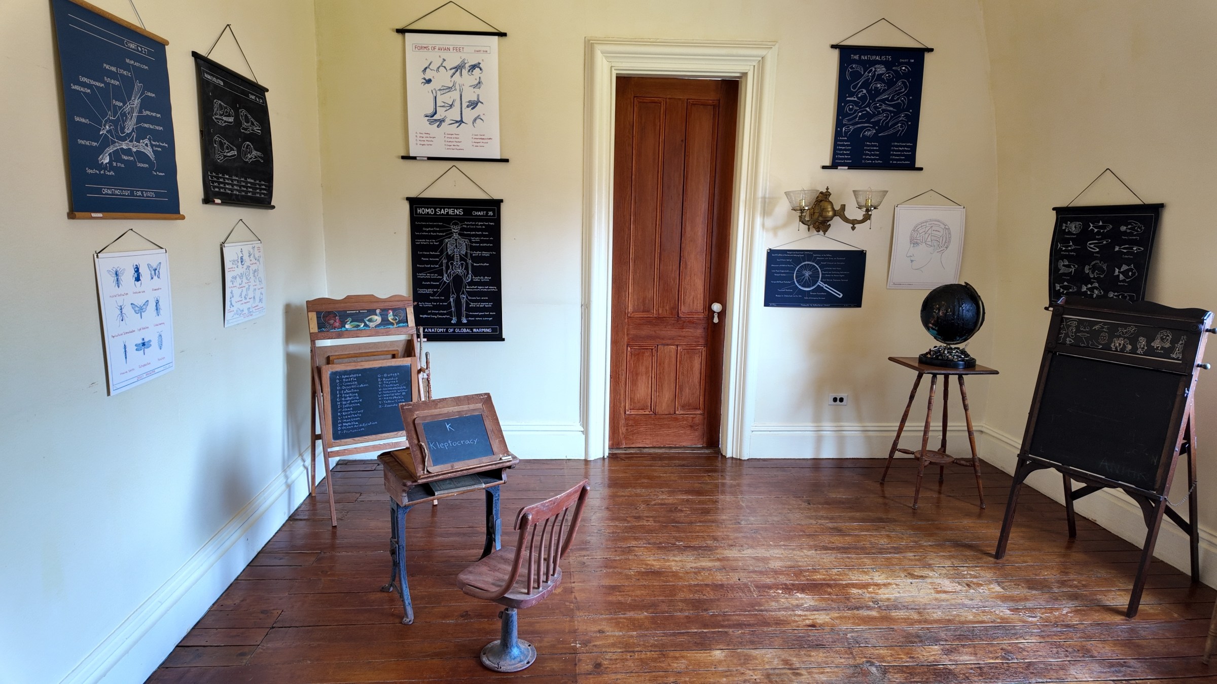 A Sentimental Education A room with a small desk, standing blackboards, and charts hanging on the walls