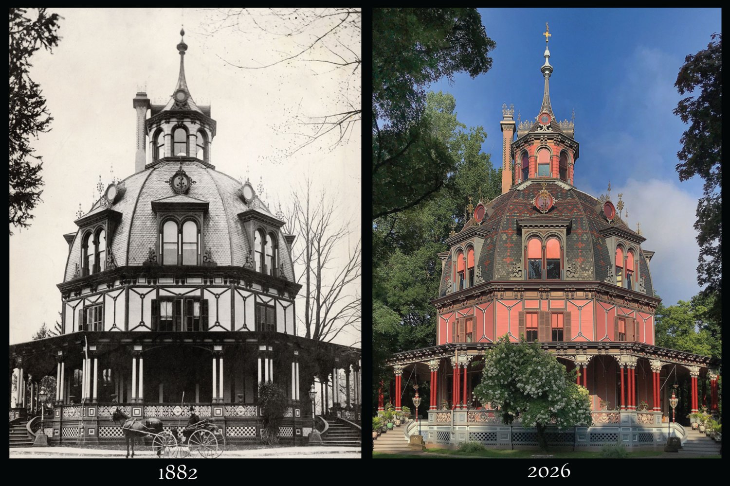 Octagon house in black and white (1882) and color (2026) side by side.