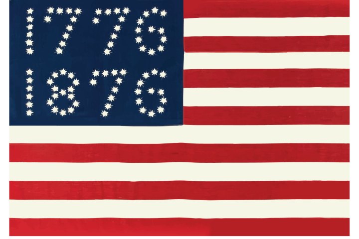 Stylized US flag with '1776 1876' made from stars and red stripes.