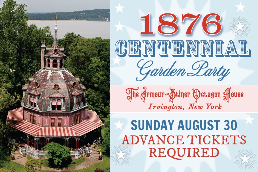 Victorian octagon house with 1876 Centennial Garden Party event details.