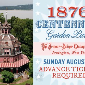 Victorian octagon house with 1876 Centennial Garden Party event details.