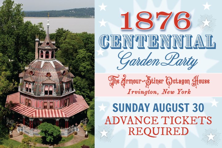 Victorian octagon house with 1876 Centennial Garden Party event details.