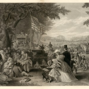 Historical scene of a lively picnic with people, tents, and flags in a park setting.