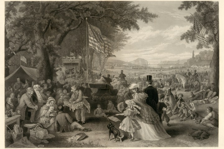 Historical scene of a lively picnic with people, tents, and flags in a park setting.