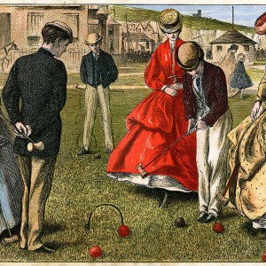 Victorian-era people playing croquet on a grassy lawn.