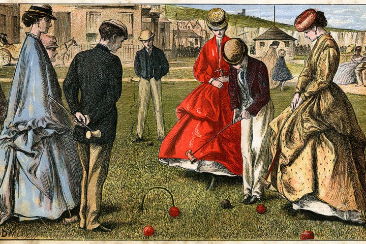 Victorian-era people playing croquet on a grassy lawn.
