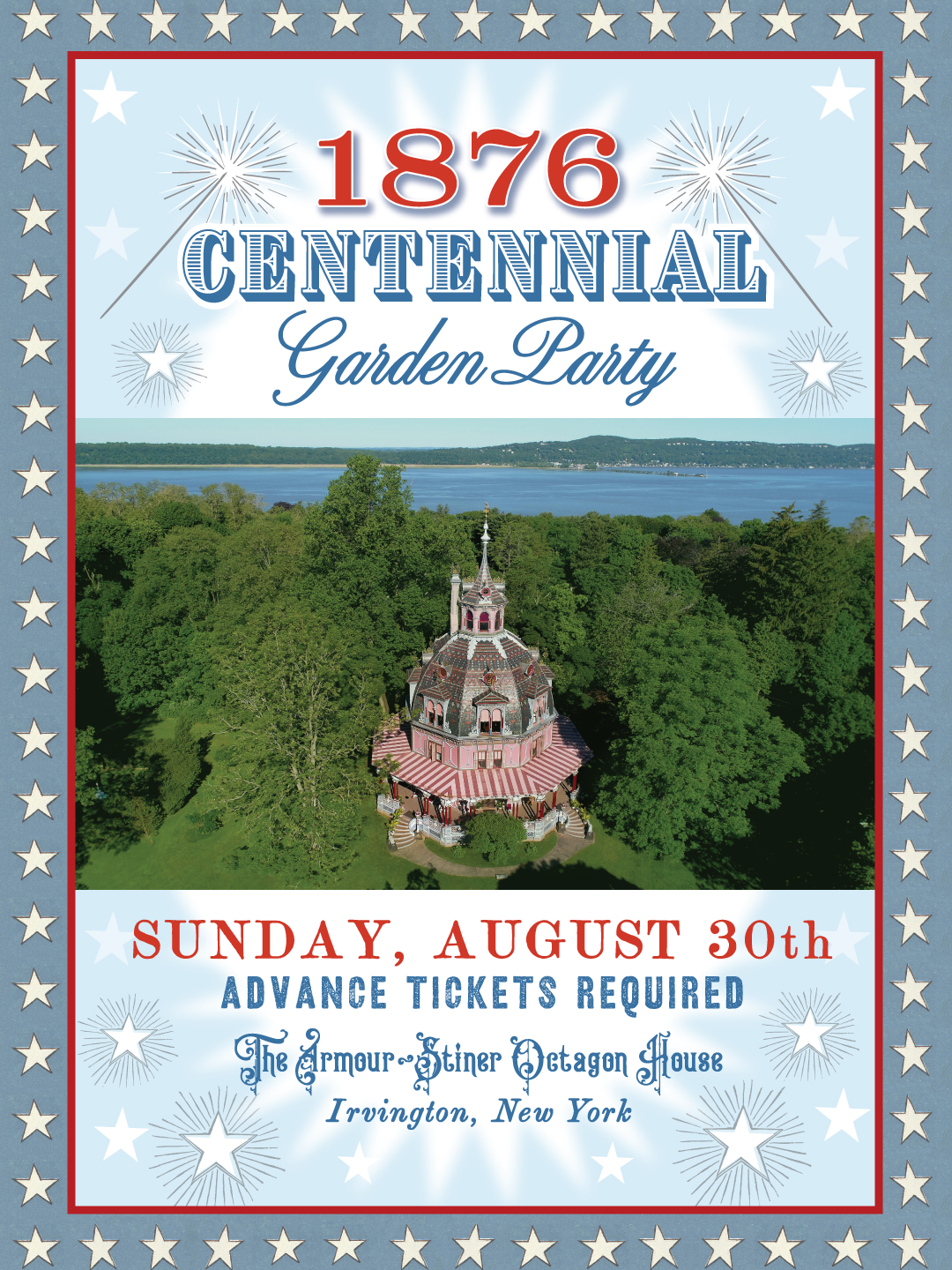 Poster for 1876 Centennial Garden Party with gazebo and lake view.