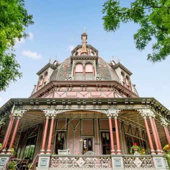 Victorian-style octagonal house with ornate details and surrounding trees.