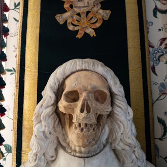 Bust of a figure with a skull face and long hair, wearing a detailed coat, with a skull and crossbones banner.