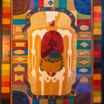 Colorful anatomical diagram with organs and abstract patterns.