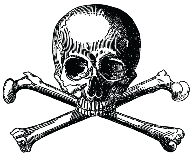 Vintage skull and crossbones illustration in black and white.