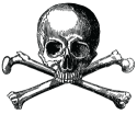 Vintage skull and crossbones illustration in black and white.